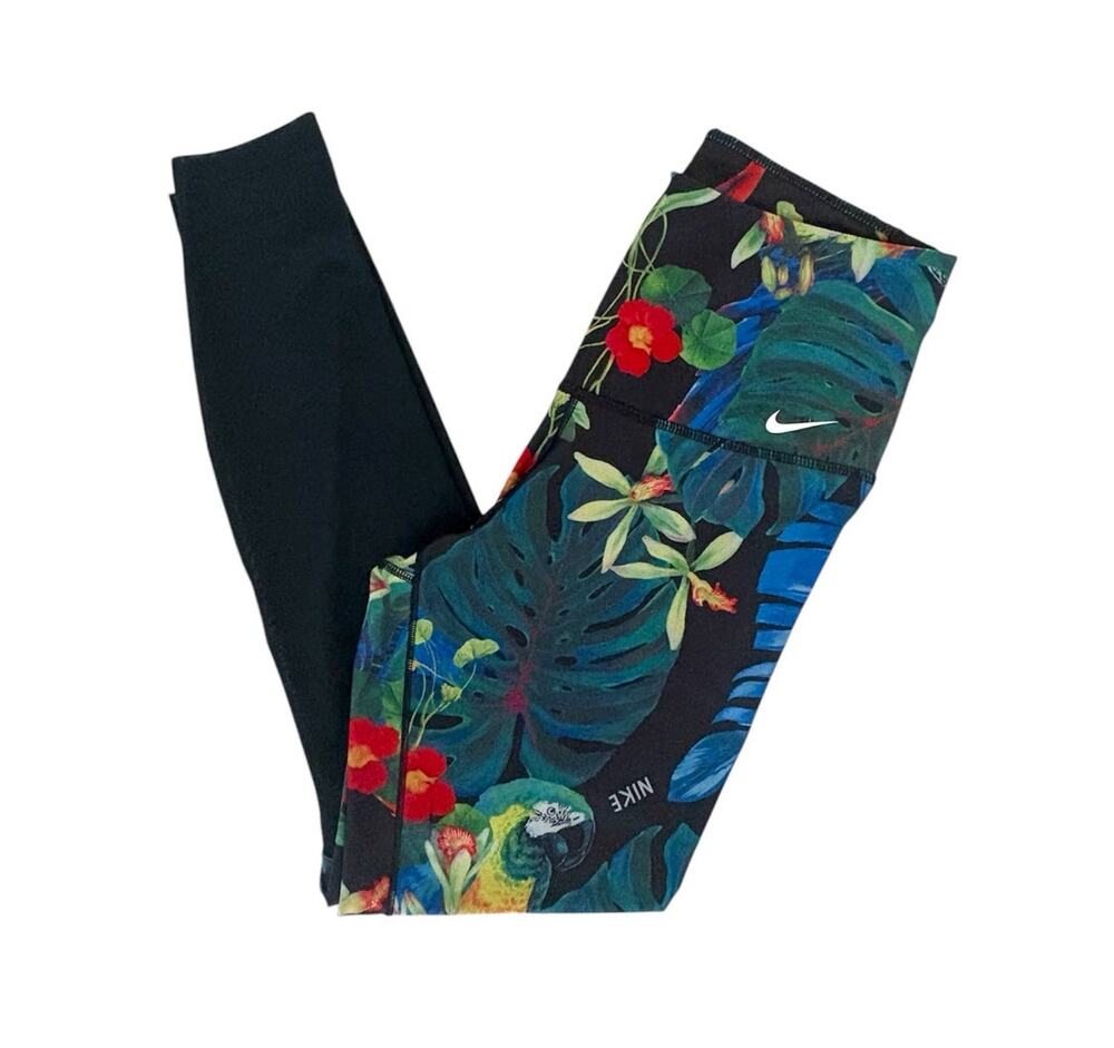 Nike Dri-FIT Leggings Black Tropical Parrot High-Rise Mesh Athletic Medium